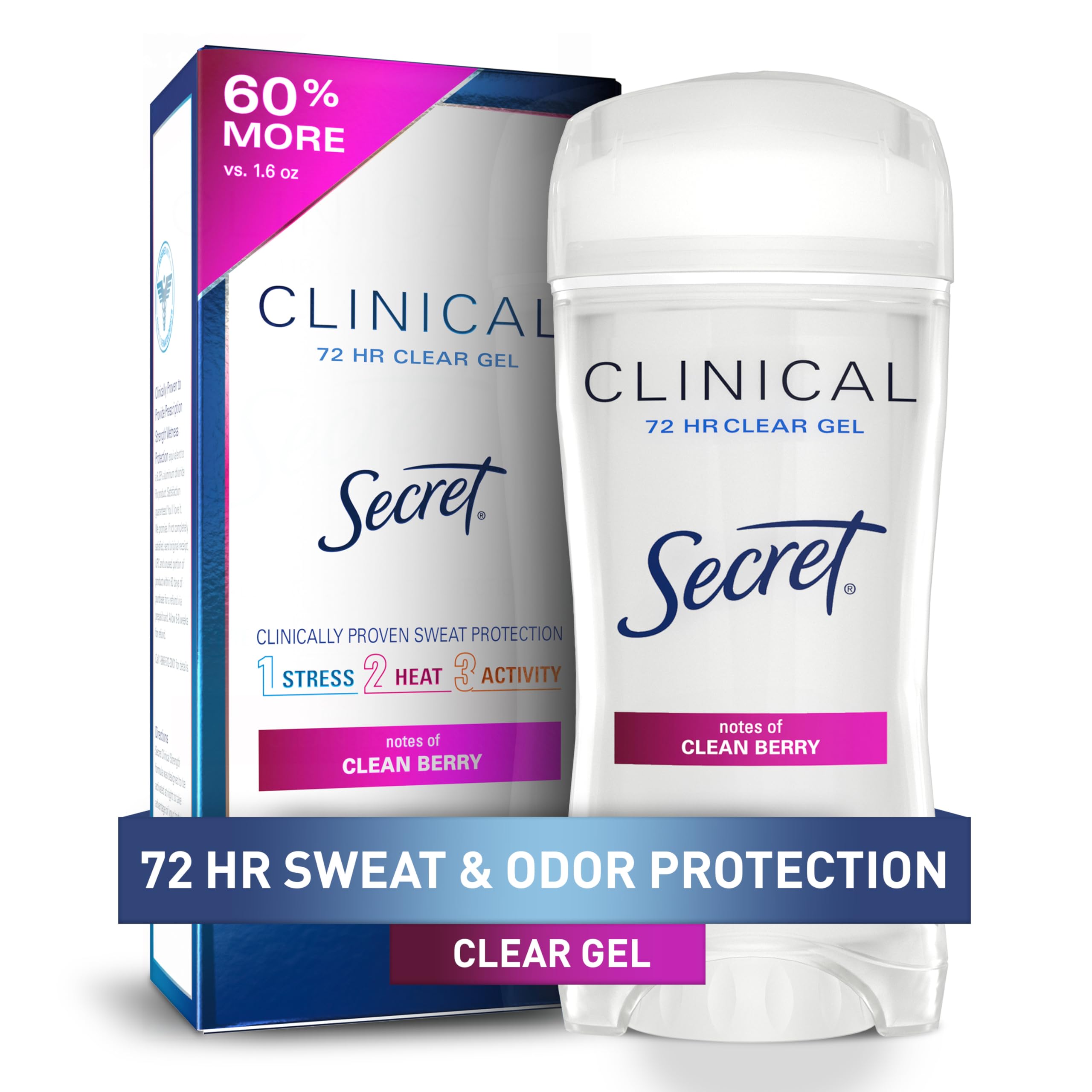 Photo 1 of Secret Clinical Strength Antiperspirant Deodorant for Women, 3X Stress Protection, 72hr Sweat & Odor Protection, PH Balancing Minerals, Clear Gel, Clean Berry Scent, 2.6 oz