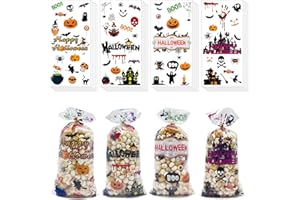 ONFAON Halloween Cellophane Treat Bags, 180pcs Halloween Trick or Treat Goody Gags with 200pcs Twists for Snacks Cookies Packing, Goodie Bags Party Supplies（03）
