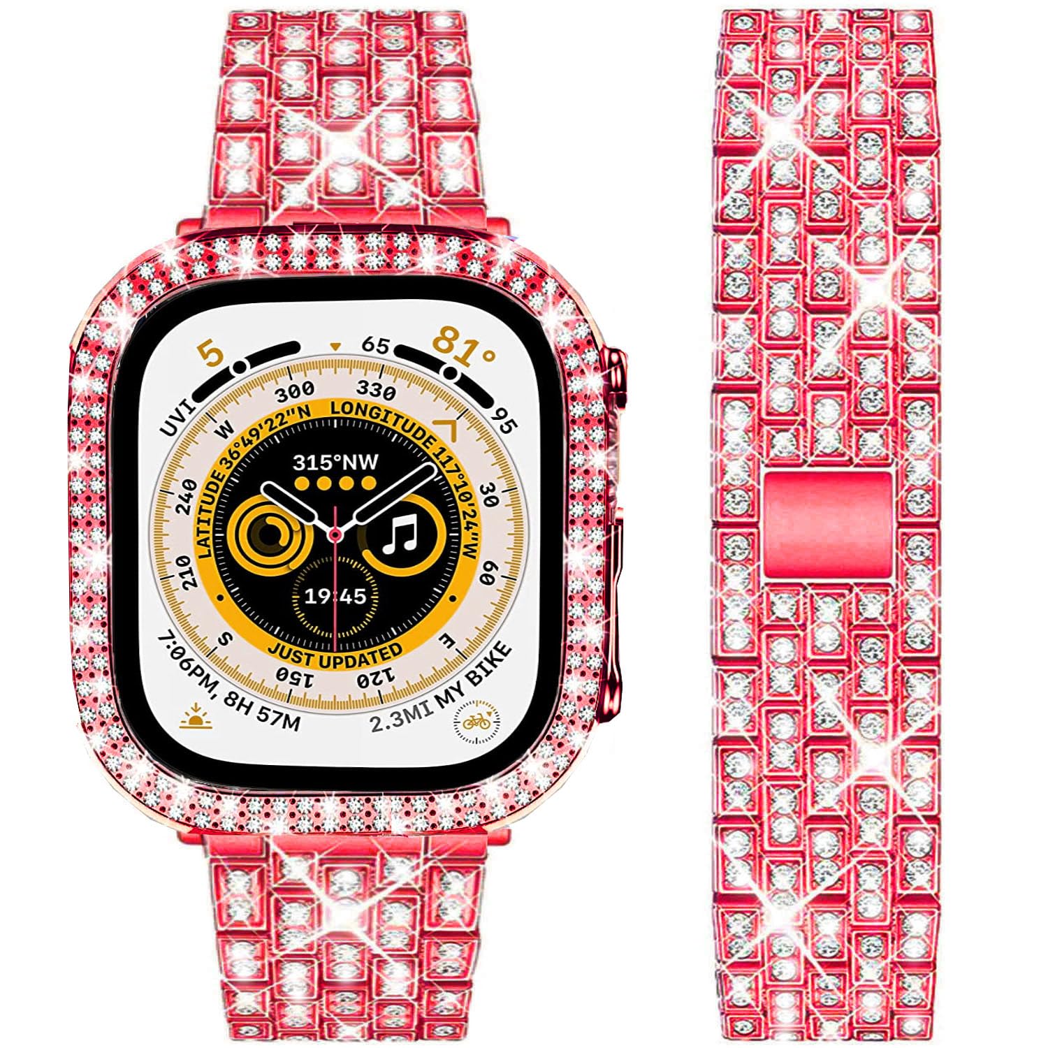 DEALELE Starp and Case Compatible with Apple Watch Ultra 2 / Ultra 49mm, Bling Rhinestone Diamond Metal Bracelet with Protective Case Cover Replacement for iWatch Series 10/9 / 8 Ultra (Red)