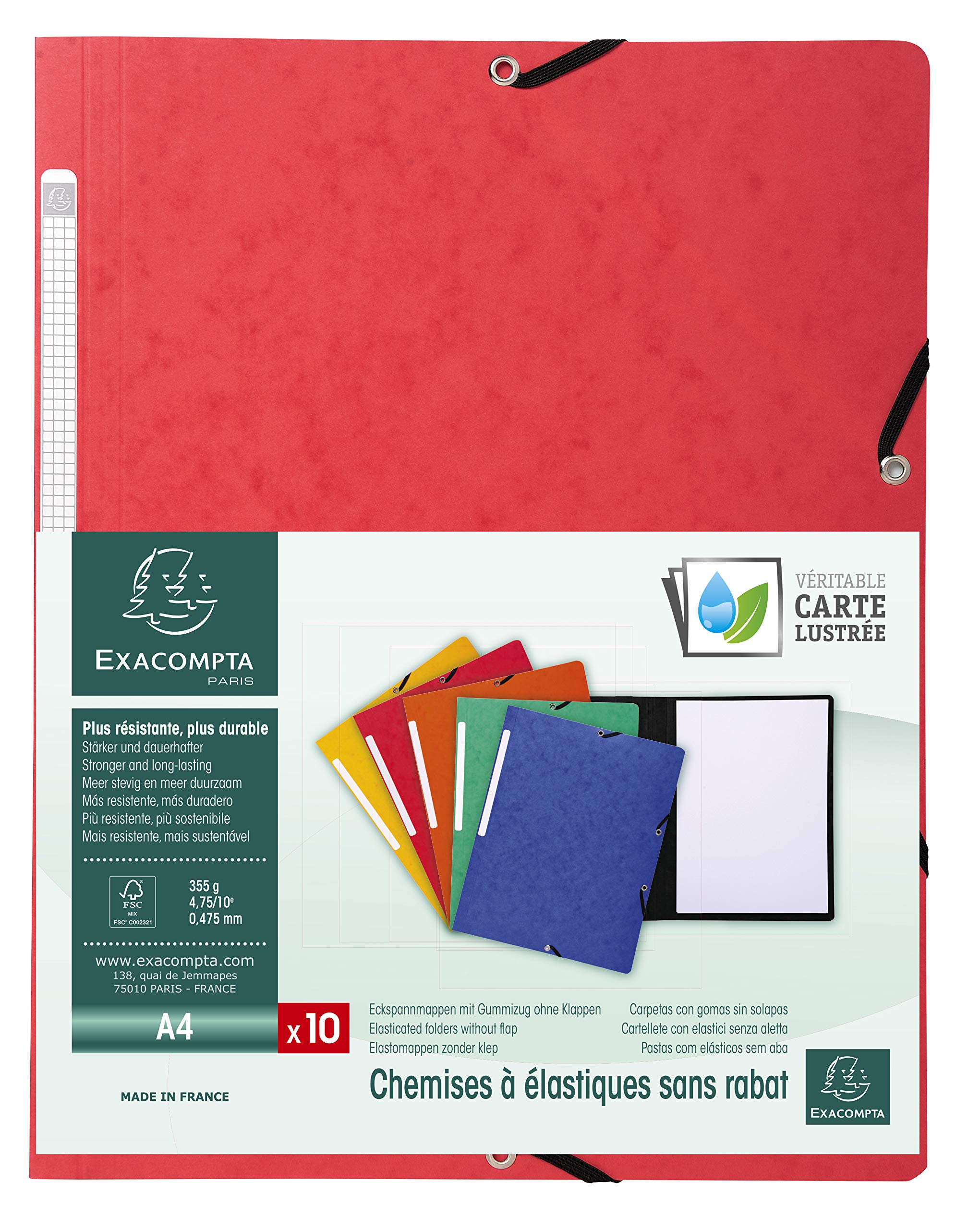 Exacompta - Ref 55415E - Elasticated Folders - Suitable for Storing A4 Documents, 355gsm Glossy Card, Spine Label, Expandable for Additional Documents - Red (Pack of 10)