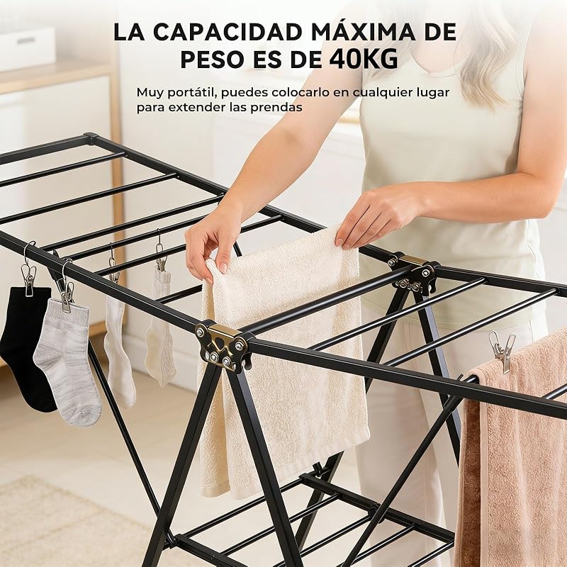 Varal dobrável com rodas, aço carbono, asas extensíveis até 1,7 m, altura ajustável, carga de 40 kg, secador para interior e exterior, preto