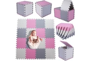 Coolcandy Foam Play Mat(16 Pcs/Set), Multi-Colored Play Mat for Baby, EVA Non-Toxic Interlocking Foam Puzzle Floor Mats, 0.4" Thick Square Kids Playmat for 47 * 47" Playpen(White/Gray/Pink)