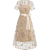Women Short Sleeve 2 Piece Floral Embroidery Dress Mesh Sheer Wedding Tulle Prom Midi Evening Cocktail Party Dress with Belt