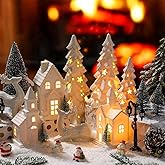 Nuogo 14 Pcs Ceramic White LED Christmas Village Houses Set Including Christmas Tree Porcelain Reindeer Figurine Small House Lamp Post Ceramic White Winter Village Decors for Xmas Tabletop Fireplace