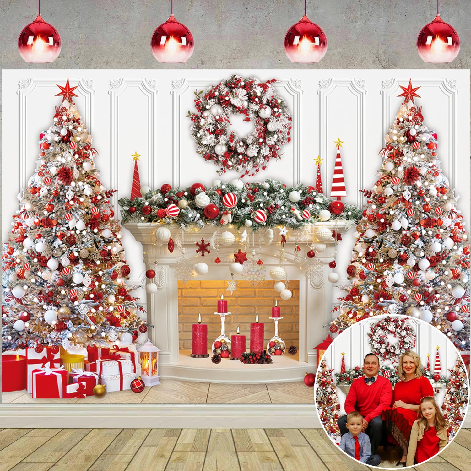 Christmas Fireplace Backdrop Red White Christmas Tree Garland Photography Background Winter Xmas Interior Family Kids Holiday Party Banner Decorations (8x6ft(96''x72''))