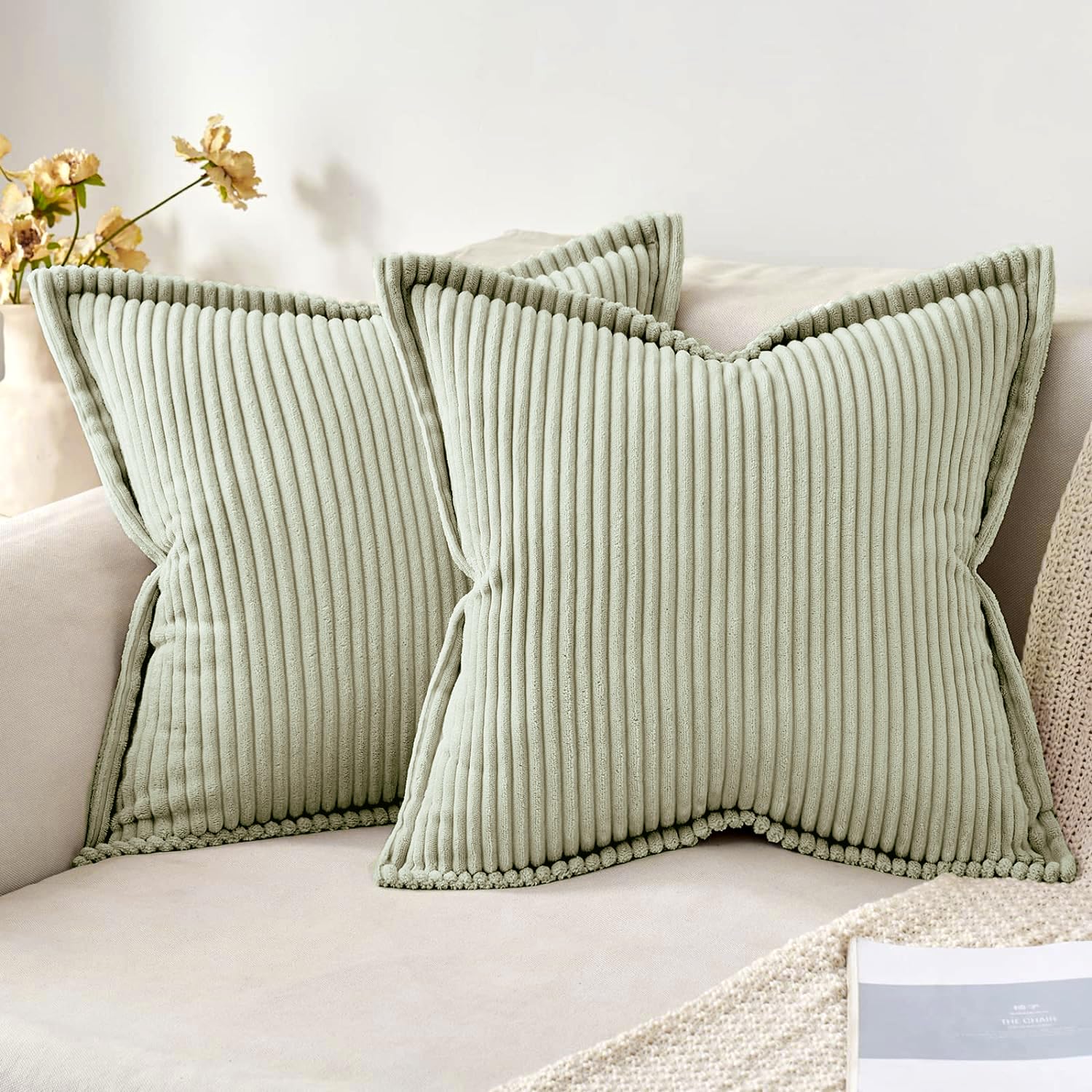 MIULEE Corduroy Cushion Covers Soft Decorative Broadsaide Throw Pillow Covers for Winter Cushion Soft Striped Pillowcase Set of 2 for Home decor Sofa with Invisible Zipper 40x40cm Light Green