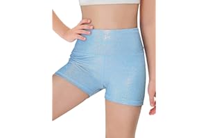 Haloumoning Girls Sparkle Glitter Athletic Shorts Kids High Waist Gymnastics Dance Shorts Tumbling Outfits 5-14 Years