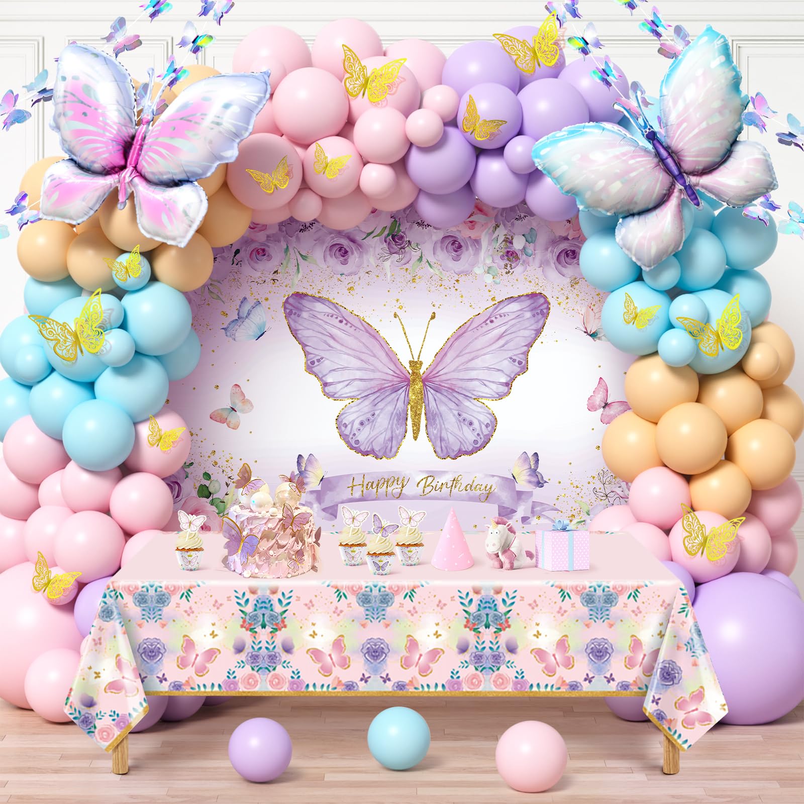 Photo 1 of Butterfly Birthday Party Decorations, 140PCS Butterfly Pastel Balloon Garland Arch with Backdrop Tabledrop Butterfly Stickers for Girls Baby Shower Butterfly Theme Birthday Party Wedding Decorations