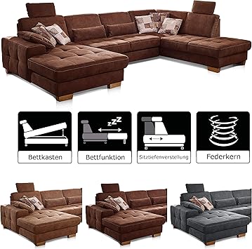 Cavadore Wohnlandschaft Puccino Mit Federkern Bettfunktion Sitztiefenverstellung Und 2 Kopfstutzen Sofa In U Form Im Landhausstil 340 X 86 X 224 Cm Mikrofaser Braun Amazon De Kuche Haushalt