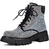 Wavyvigs Rhinestone Combat Boots Platform Chunky Heel Lace Up Ankle Boots Side Zipper