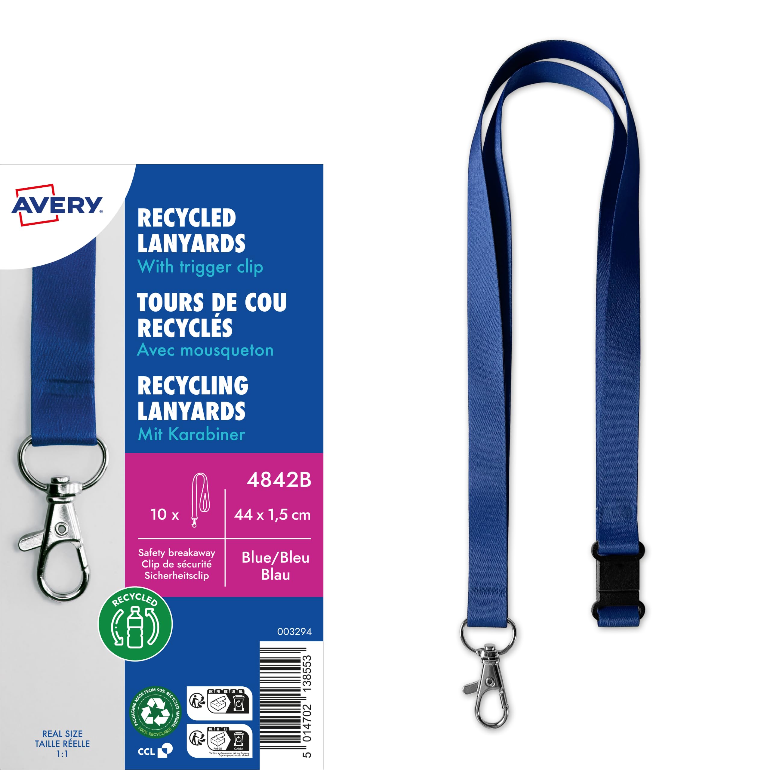 Avery Recycled Lanyards with Trigger/Quick Release Clip - Pack of 10, Blue, 4842B