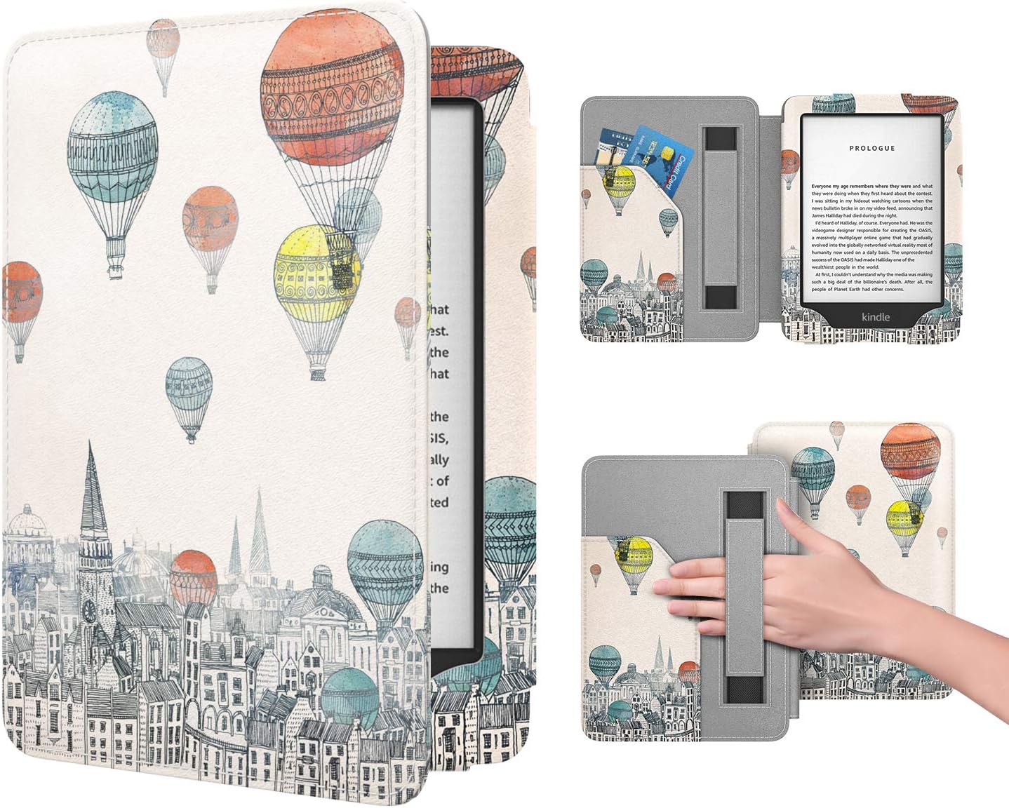 Dadanism Case Fit All-New Kindle 10th Generation 2019 / 8th Generation 2016, Ultra Slim PU Leather Smart Cover with Hand Strap & Pocket, Not Fit Kindle Paperwhite – City Balloon (Auto Sleep/Wake)