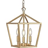 JONATHAN Y 10" Brass Gold 3-Light Pagoda LED Pendant Lantern, Classic Modern Farmhouse Chandelier for Kitchen Island, Dining 