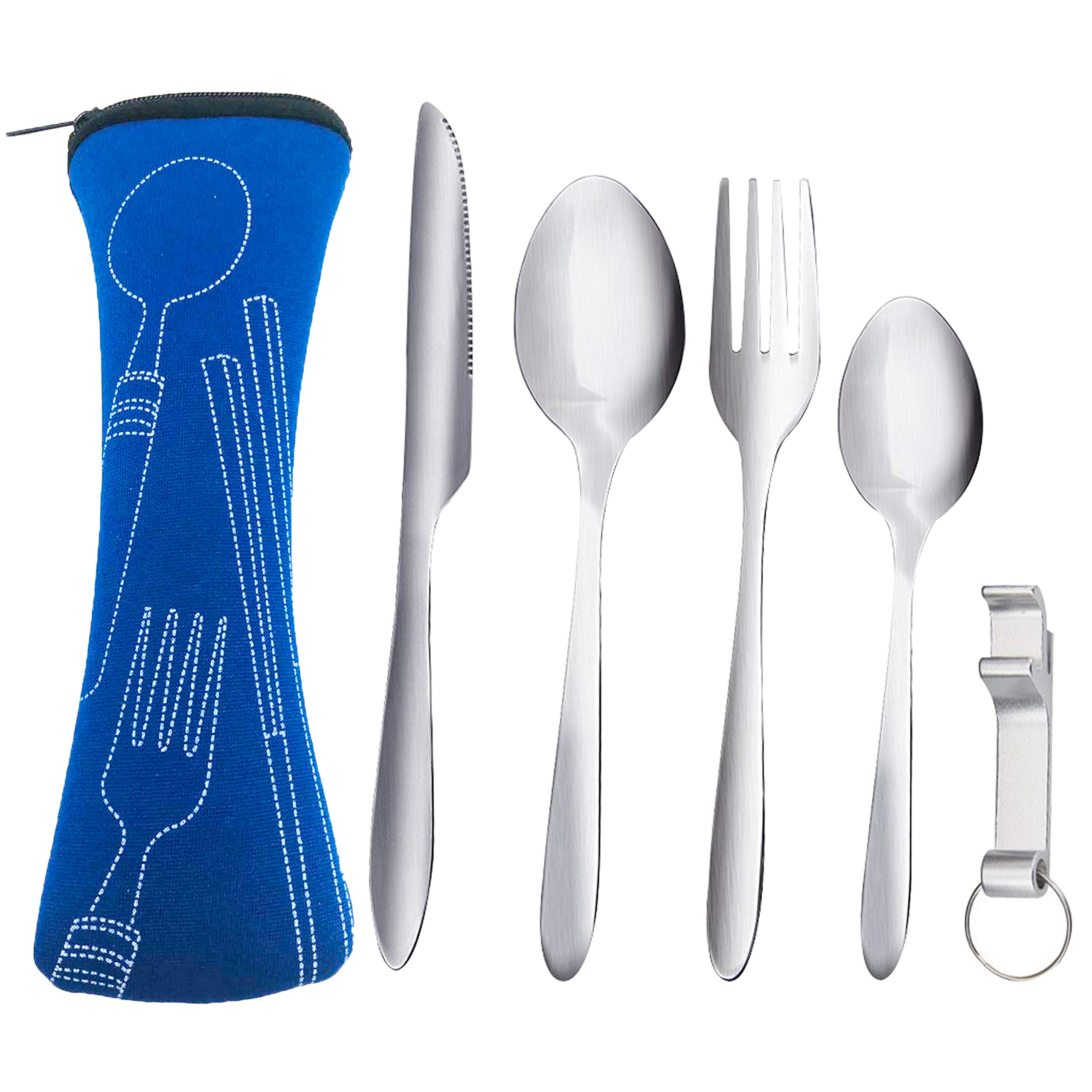 Camping Cutlery Set Stainless Steel Flatware Set with Knife, Fork, Spoon, ZKSM Tea Spoon, Bottle Opener Portable Utensils for Travel Camping Include Storage Bag（5 pcs）