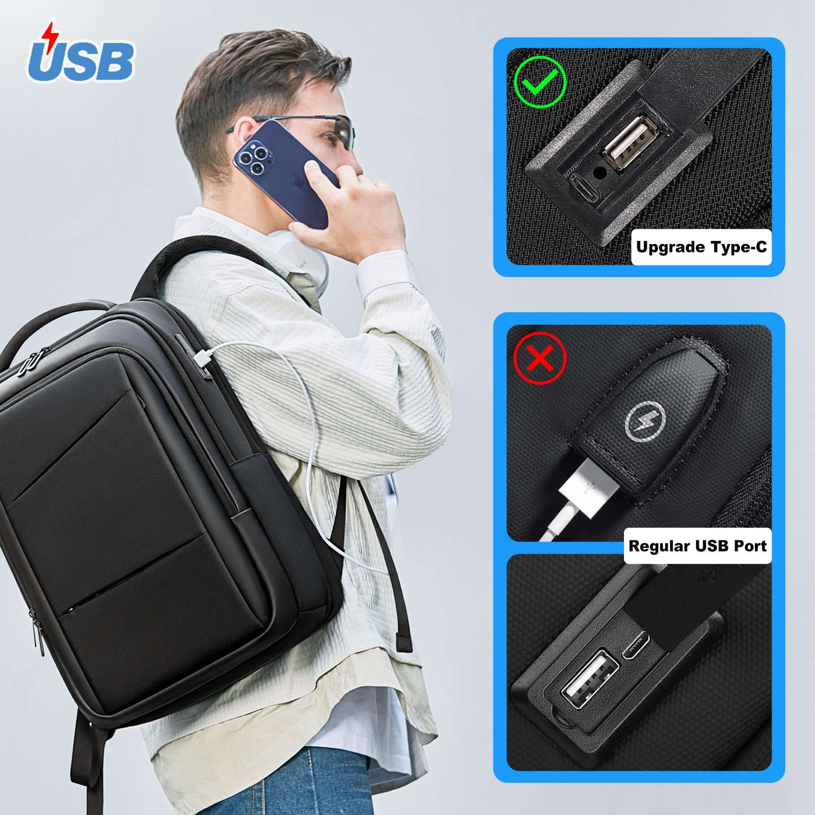 FENRUIEN Travel Laptop Backpack 15.6 Inch, Expandable Computer Backpack with USB Charging Port, Black Business Backpack for Men