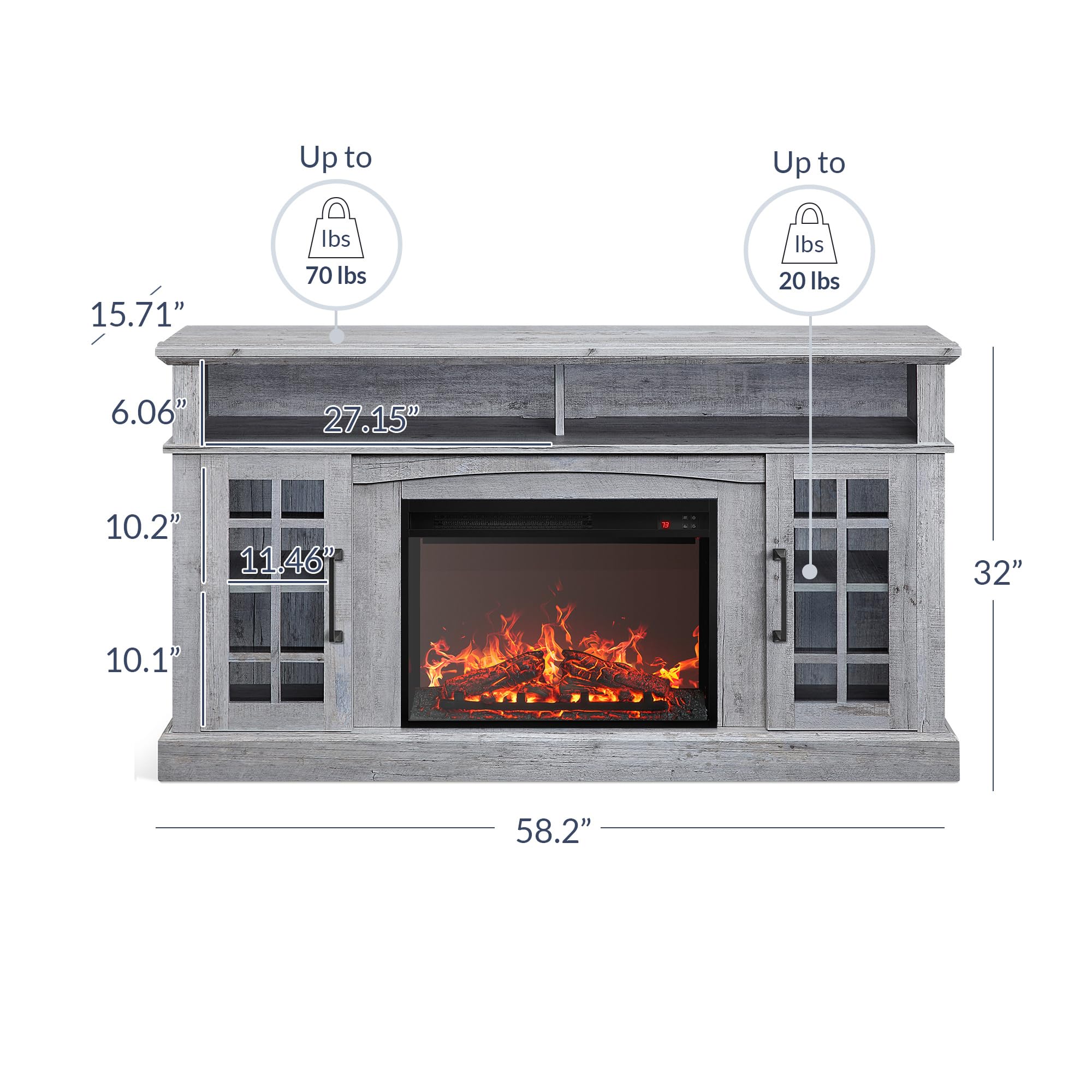 BELLEZE Traditional 58" Rustic TV Stand with 23" Electric Fireplace Heater, Media Entertainment