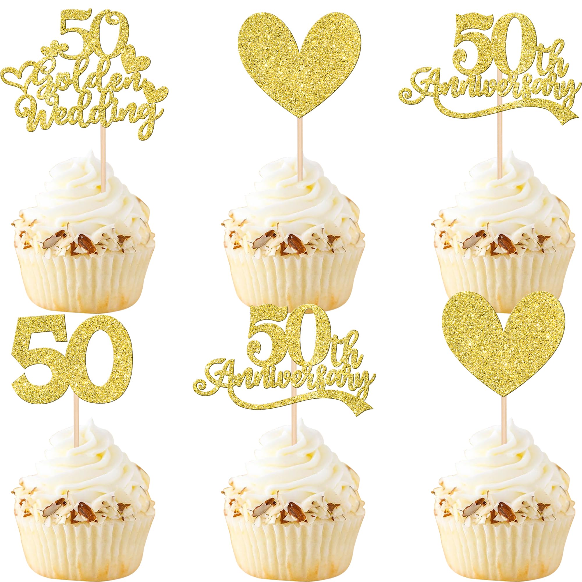 Xsstarmi 24 PACK 50th Anniversary Cupcake Toppers Gold Glitter Heart Golden Wedding Anniversary Cupcake Picks for Cheers to 50 Years Blessed & Loved Wedding Anniversary Party Cake Decorations Supplies