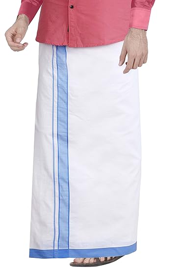 Men's Cotton 3.6m Dhoti (White with Blue Border, Free Size)
