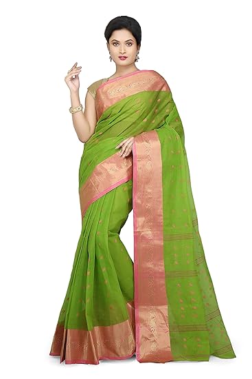 Women's Pure Cotton Tant Saree In Green_Free Size