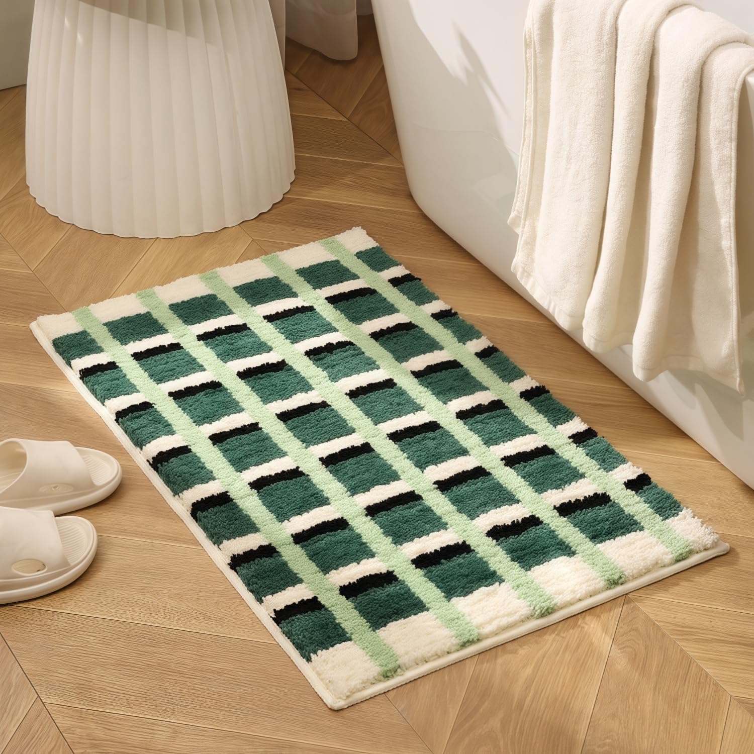 Photo 1 of GIB Green Checkered Bathroom Rug 32" x 20", Extra Soft Absorbent Non-Slip Washable Plush Fluffy Shaggy Microfiber Bath Mat, Aesthetic Green Plaid Grid Rug for Bedroom