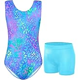 Jinhiteam Gymnastics Leotards for Girls - 2 Piece Shiny Sleeveless Outfit with Gym Shorts for Little Kids (4-12 Years)