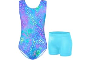 Jinhiteam Gymnastics Leotards for Girls - 2 Piece Shiny Sleeveless Outfit with Gym Shorts for Little Kids (4-12 Years)