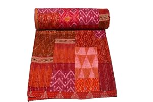 Marubhumi Indian Handmade Quilt Indian Silk Sari Kantha Quilted Patchwork (Red, Twin (60"x 90"))