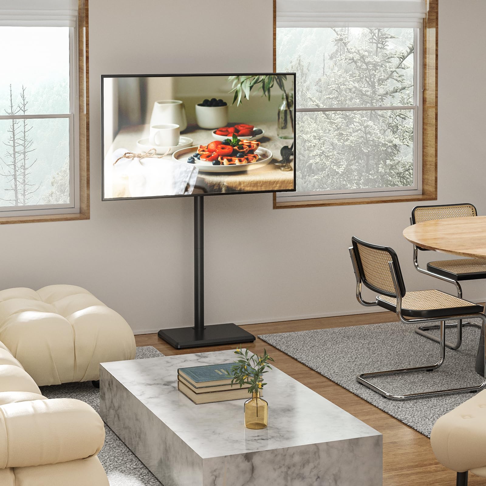 Rfiver Swivel Floor TV Stand with Mount for 32-60 inch TVs up to 88 lbs, Height Adjustable Tall TV Stand with Wood Base, Saving Space Design for Bedroom, Living Room and Corner, Max VESA 400x400mm