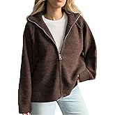 HOWALOOK Womens Long Sleeve Collared Double Zipper Cardigan Casual Sweater Coat Oversized Trendy Jackets Tops