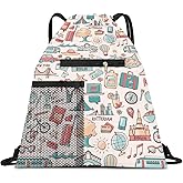 AYBELWG Drawstring Backpack Sports Gym Bag, Large String Swim Bag for Beach With Water Bottle Mesh Pocket, Cute Gym Sack with Zipper Pocket for Men Women Cute Print