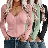 Velvelhall 3 Pack Women's Cotton Long Sleeve Shirts, Ribbed Knit Deep V Neck T-Shirts Lace Sexy Tight Tees Slim Fit Tops