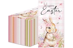 50pcs Happy Easter Guest Napkins Easter Cute Bunny Party Decoration Pink Buffalo Plaid Rabbit Flower Disposable Paper Napkin 