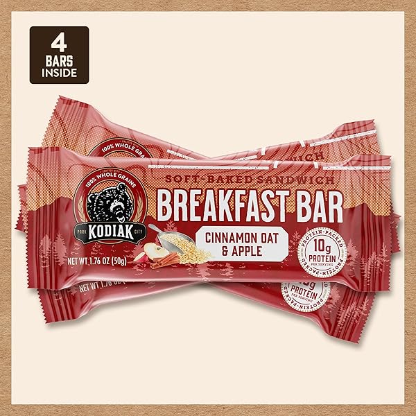 KODIAK SOFT BAKED SANDWICH BREAKFAST BAR, CINNAMON OAT & APPLE, HIGH PROTEIN, 100% WHOLE GRAINS, 1 BOX WITH 4 BARS EACH (4 BARS TOTAL)