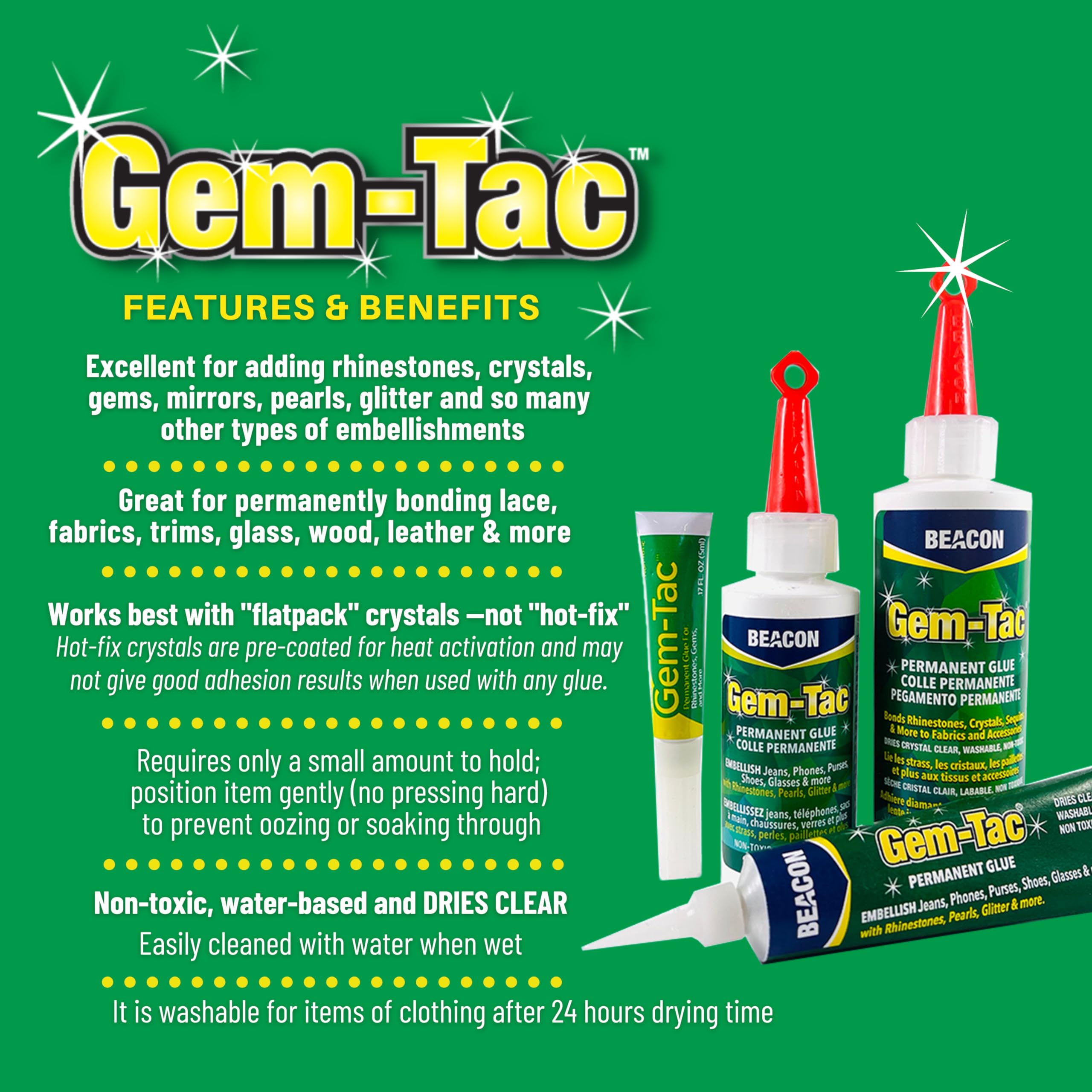 BEACON Gem-Tac Premium Quality Adhesive for Securely Bonding Rhinestones and Gems - Water-Based, UVA Resistant, 4-Ounce