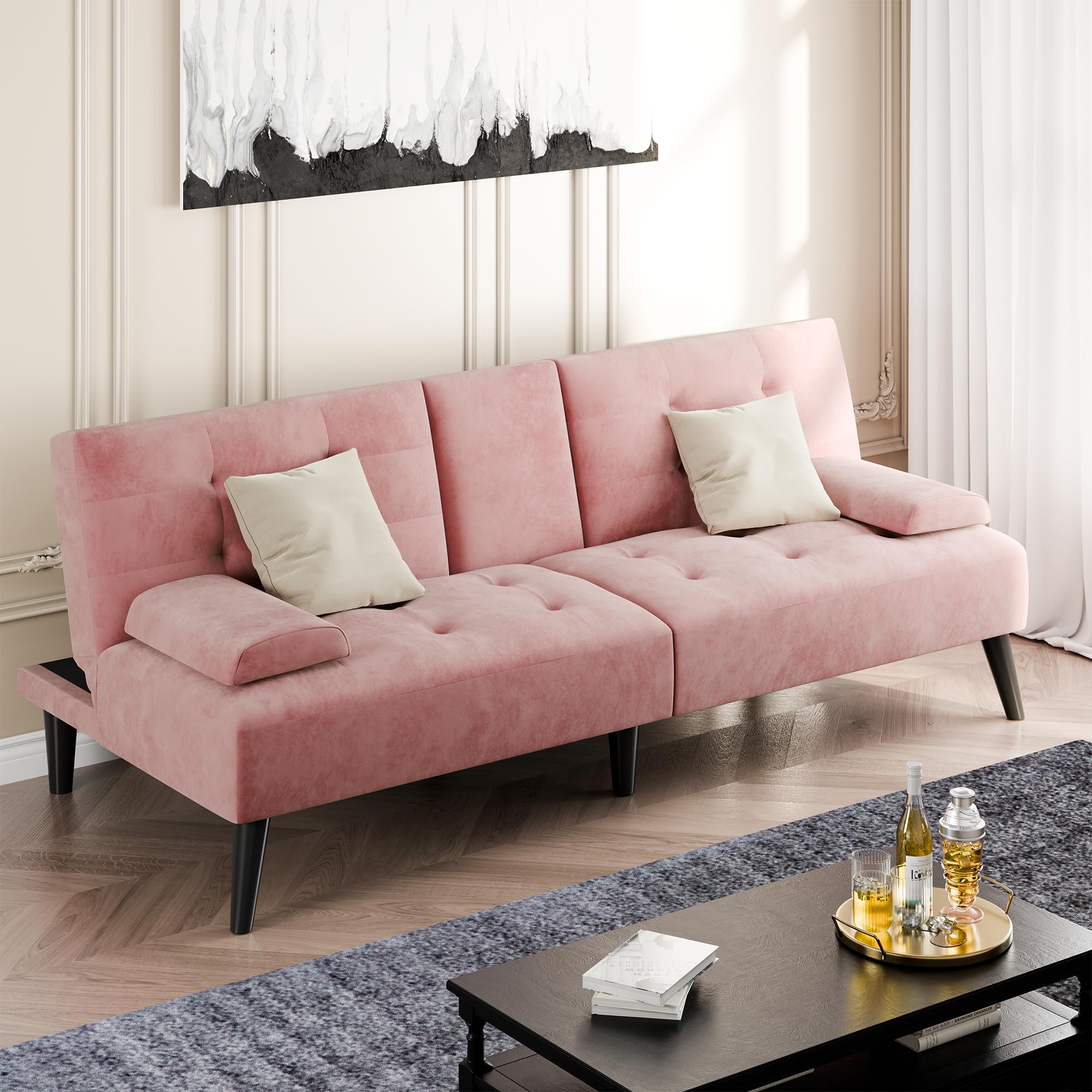 Photo 1 of ** USED** Shintenchi Futon Sofa Bed, Velvet Foldable Couch Reclining Sleeper w/Removable Armrests, Upholstered Loveseat w/Folding Cup Holders for Home, Office, Pink