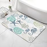 Xiaoput Beach Bathroom Rugs, Coral Ocean Themed Bath Mats for Bathroom, Tropical Starfish Seahorse Conch Bath Mats Rugs 17X29in