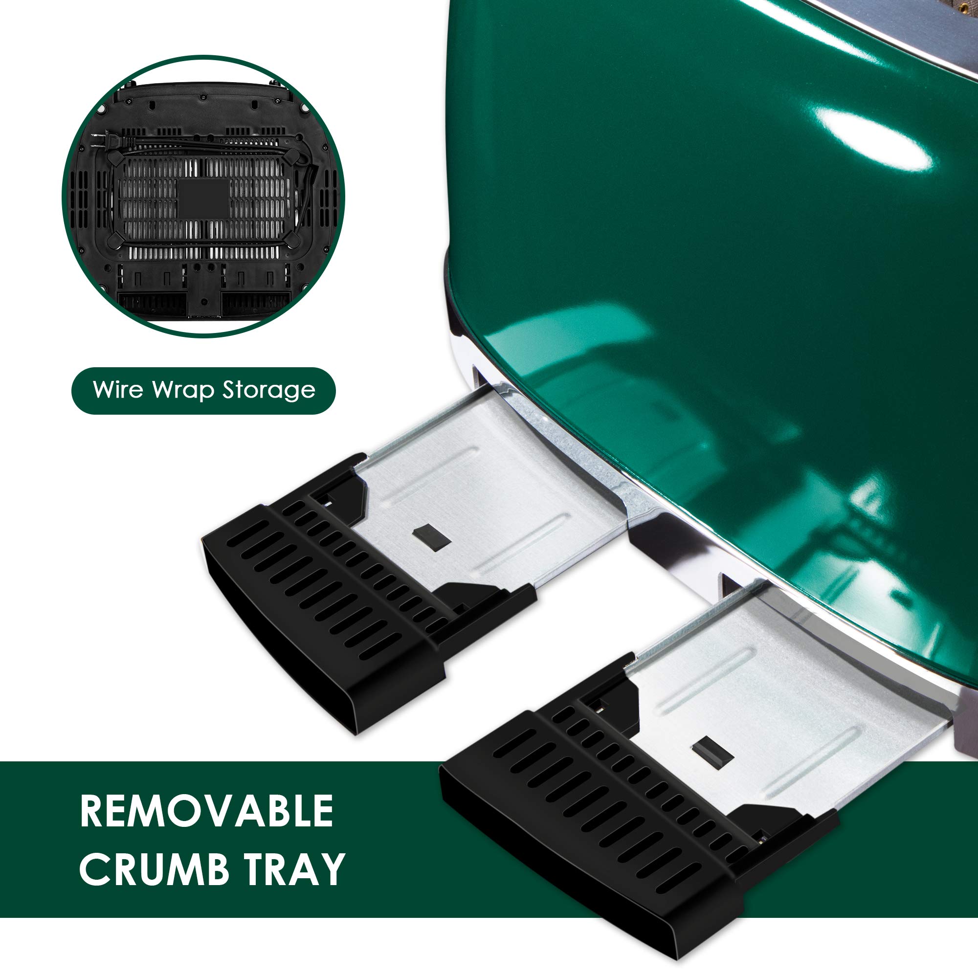 Roter Mond Tostadora de 4 rebanadas Retro de acero inoxidable con función de cancelación de descongelación de bagel, 6 configuraciones de dorado, ranura extra ancha y bandeja recogemigas extraíble, verde, ST033