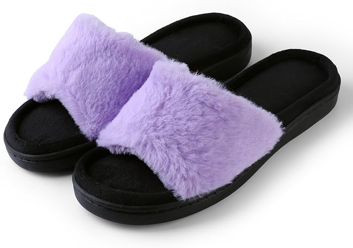 purple fluffy slippers