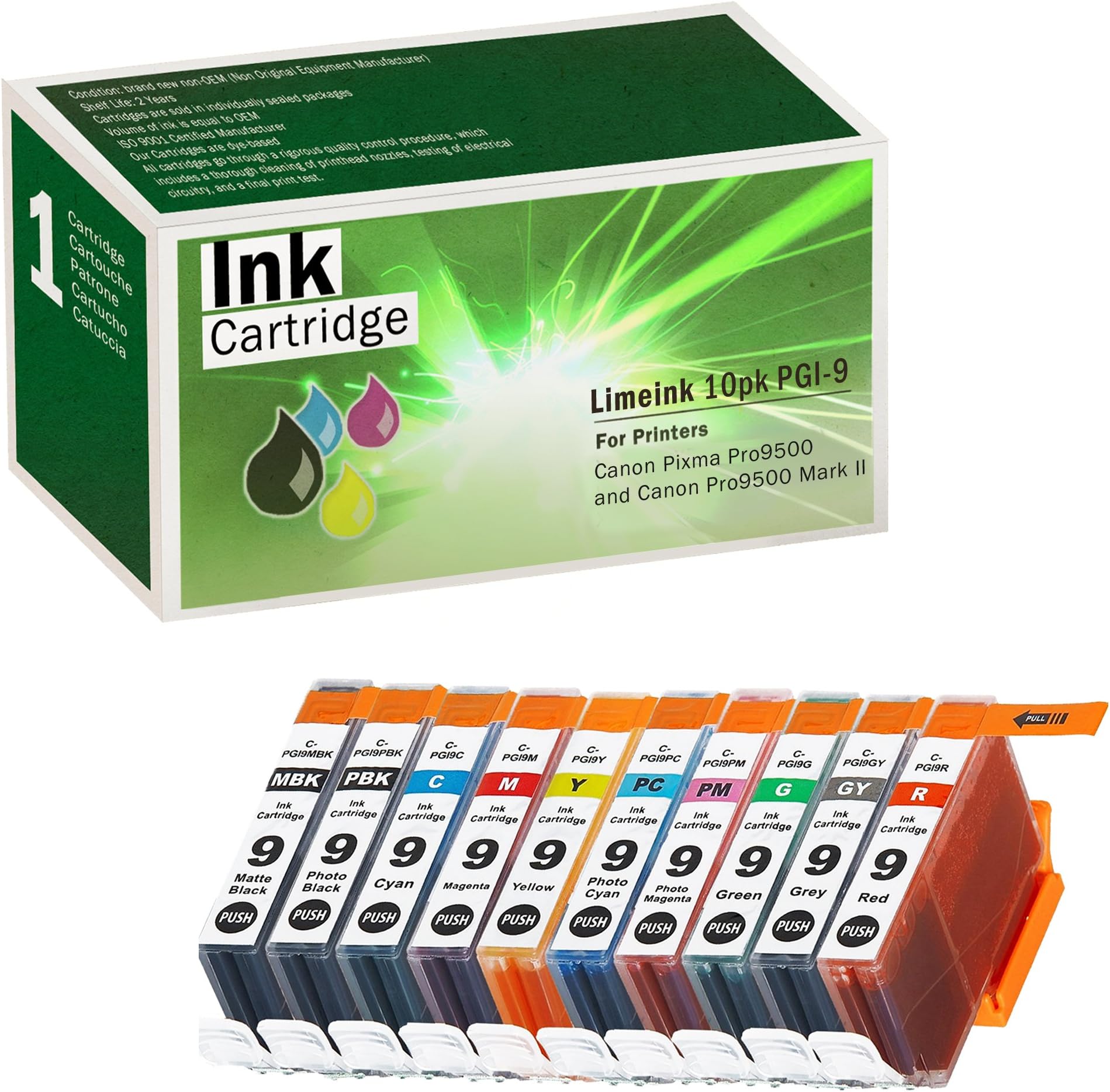 Limeink Compatible Ink Cartridge Replacements for PGI-9 PIXMA Pro 9500 (1 Each of Matte Black / Photo Black / Cyan / Yellow / Magenta / Photo Cyan / Photo Magenta / Green / Gray / Red, 10 Pack) Pixus