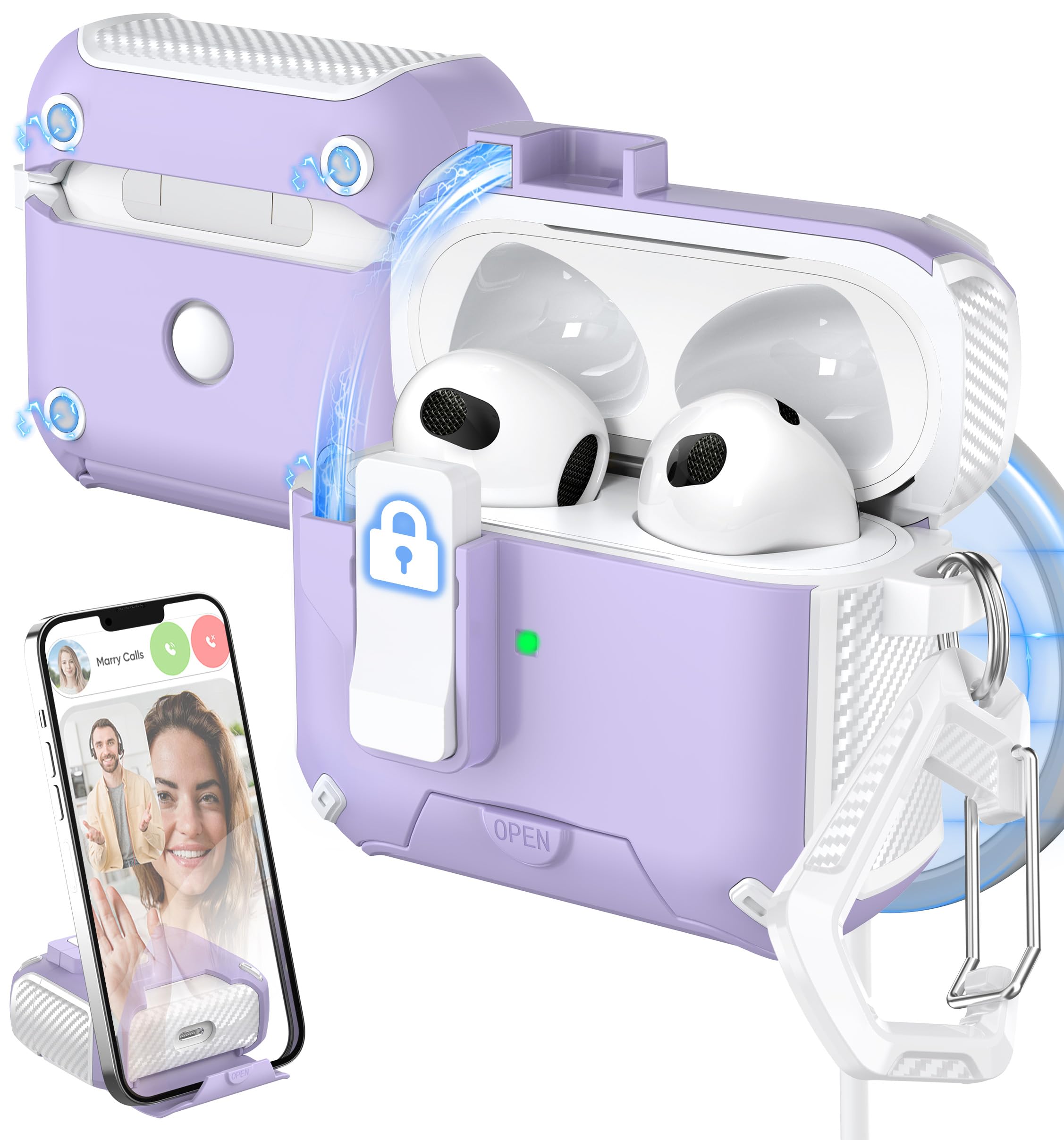 Photo 1 of MHYALUDO for AirPods 3rd Generation Case Cover, Compatible with Magsafe, Magnetic Automatic Lock, Charging Port Dust-Proof & Stand Design with Cleaning Kit, White/Purple