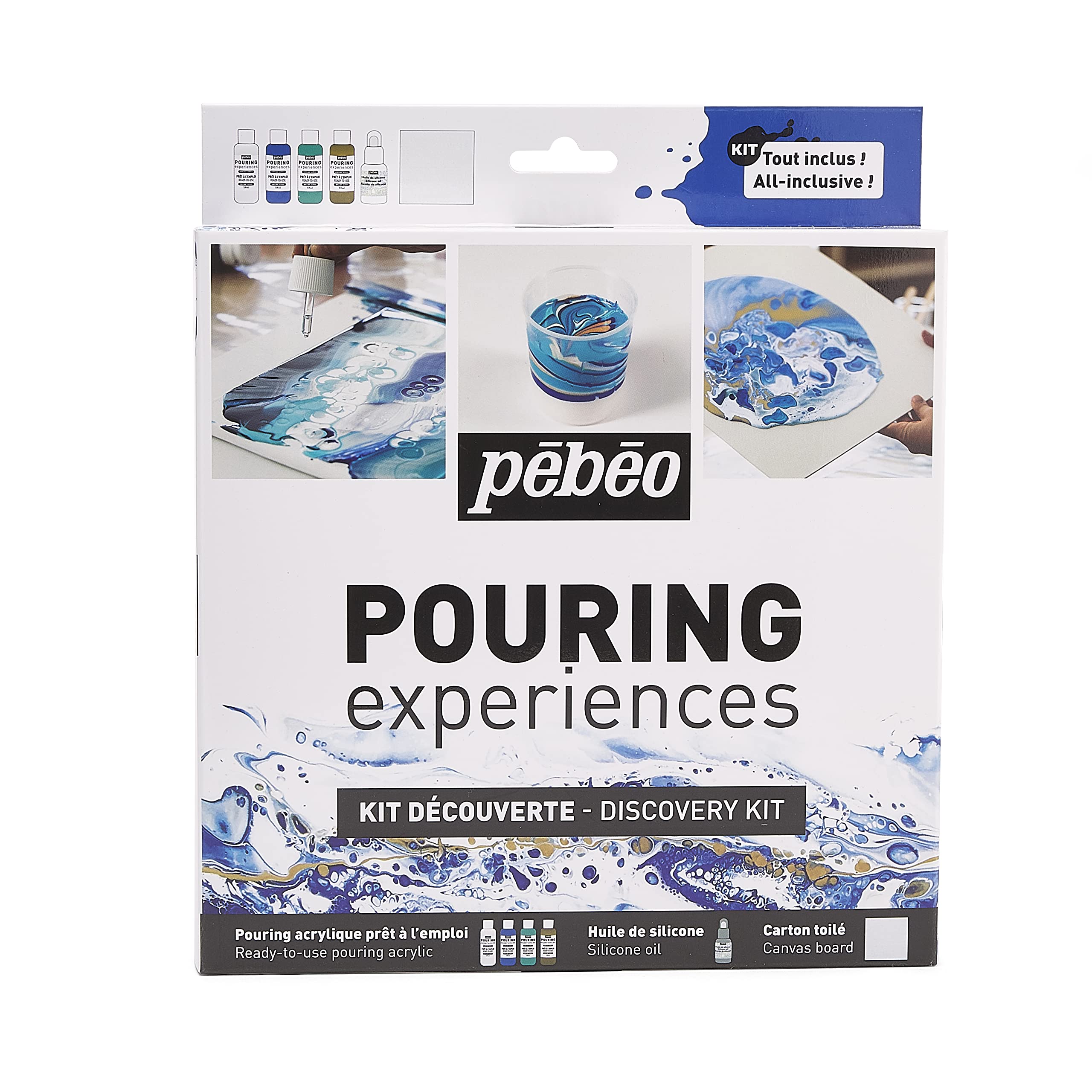 Pebeo 524602 Pouring Medium, Acrylic, White, Blue, Turquoise, Gold, 4 x 59ml, 1 x 50ml