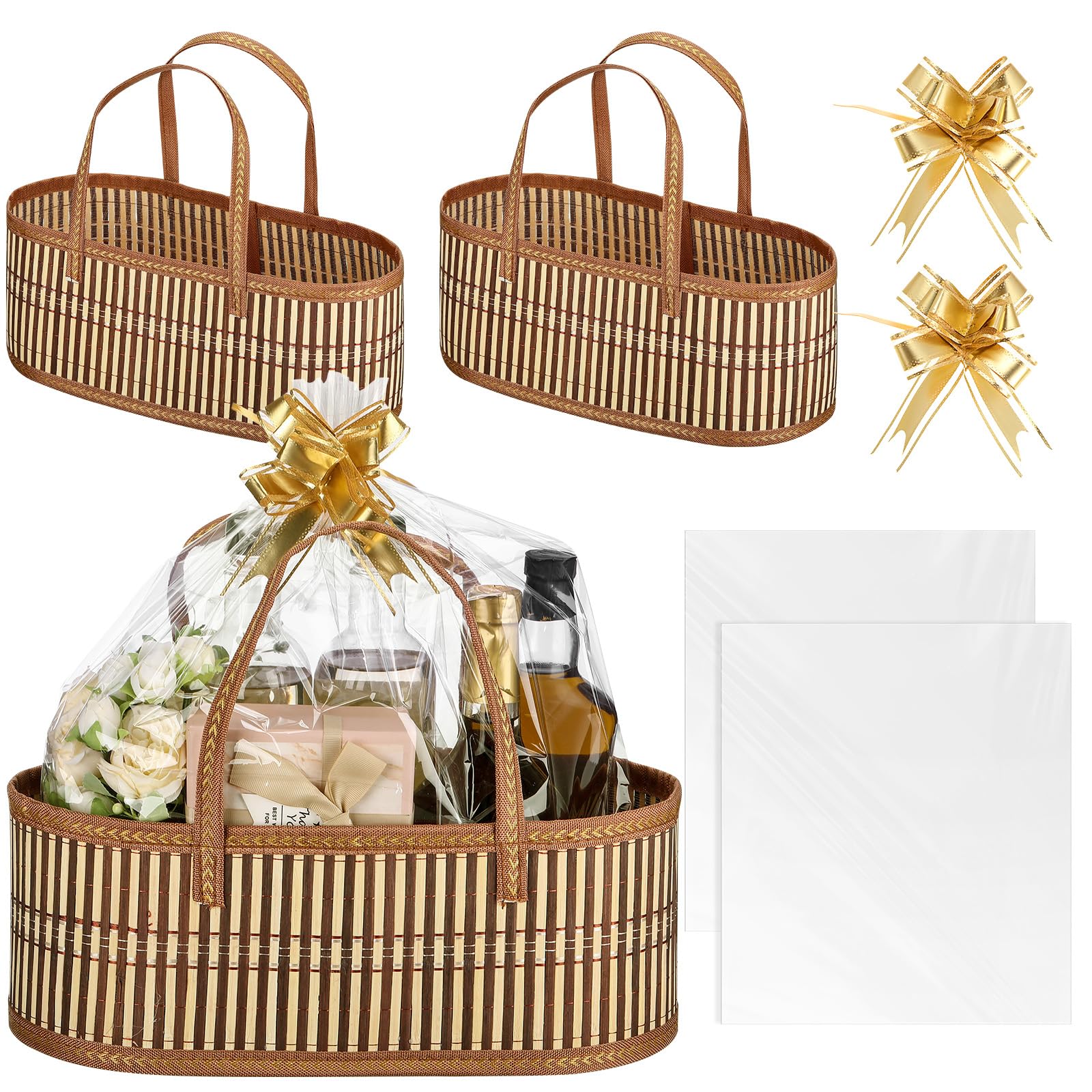 Photo 1 of Reallnaive Woven Baskets for Gifts Empty Large Bamboo Gift Baskets with Handle Cellophane Wrap Bag and Pull Flower Ribbon Sturdy Foldable Gift Packages for Birthday Wedding Favor Wrapping