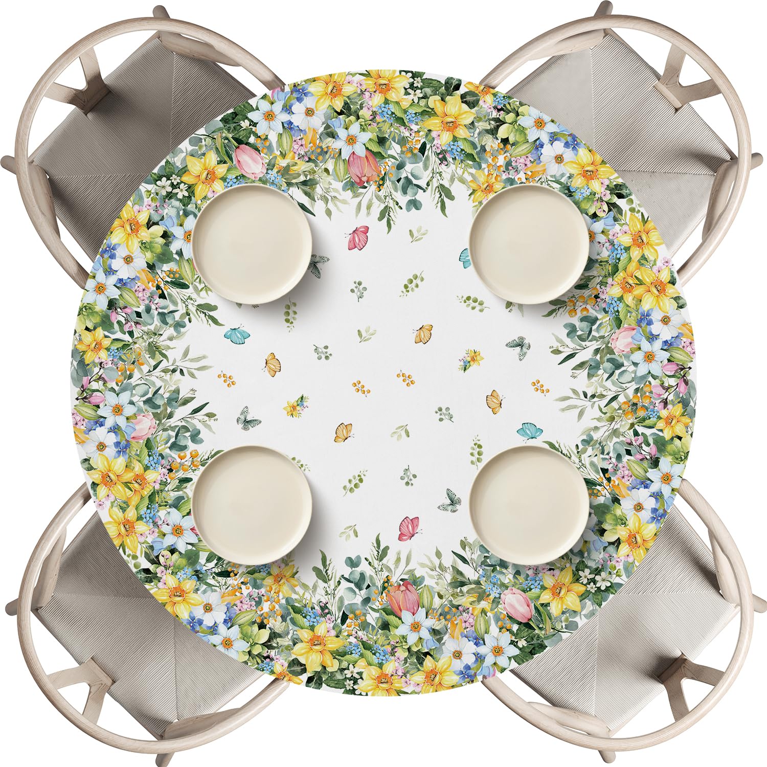 Photo 1 of Horaldaily Spring Fitted Tablecloth 60 Inch Round, Spring Colorful Hydrangea Tulip Flower Butterfly Washable Table Cover Elastic Edged for Dinning, Picnic, Camping, Banquet