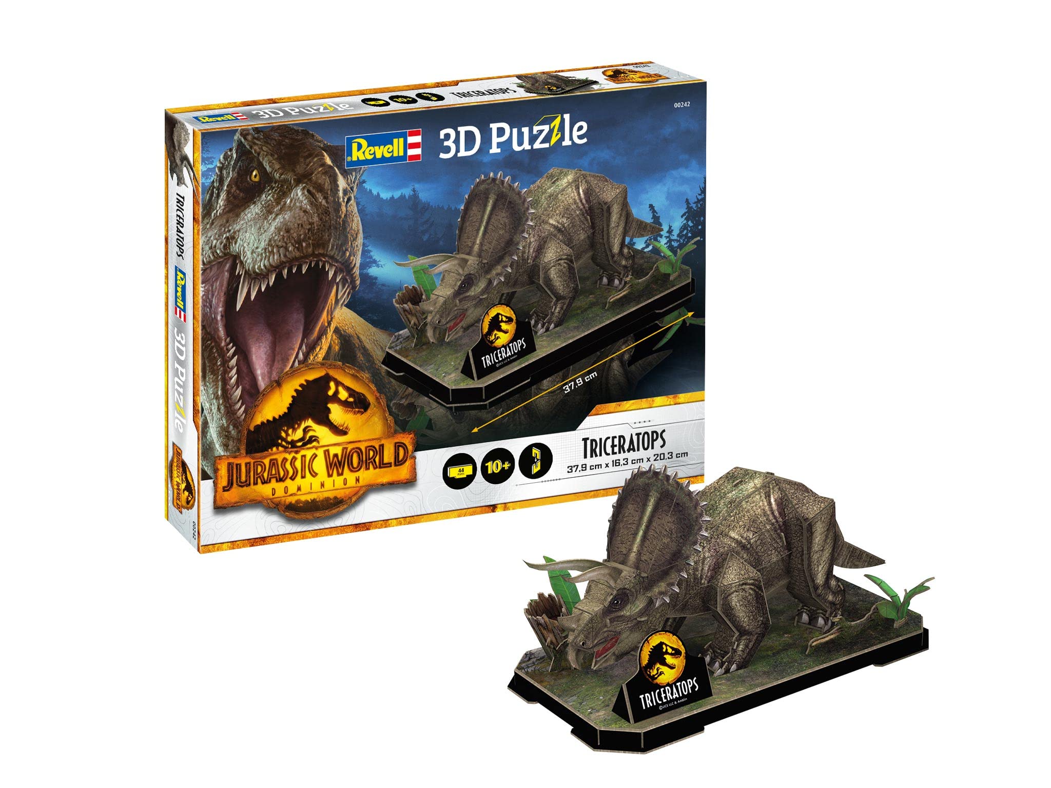 Revell 3D Puzzle 00242 Jurassic World Dominion - Triceratops 44 Pieces, Highly Detailed, With Diorama Base, 37cm in length, Fun & Easy To Build