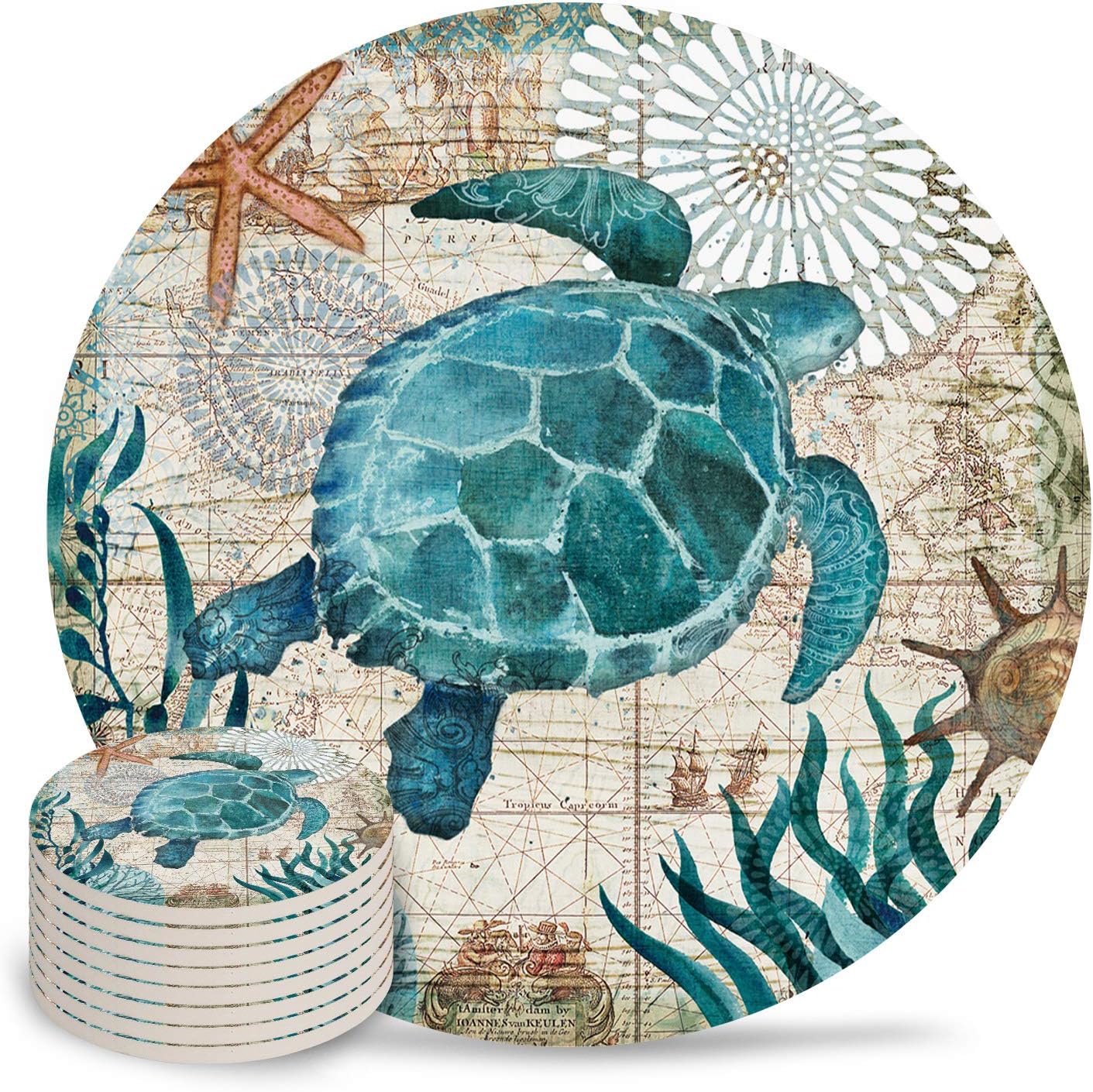 Drink Coasters Sea Turtle Ocean Animal Absorbent Stone Ceramic Coaster with Cork Back and NO Holder for Cups, Set of (8-Pieces)