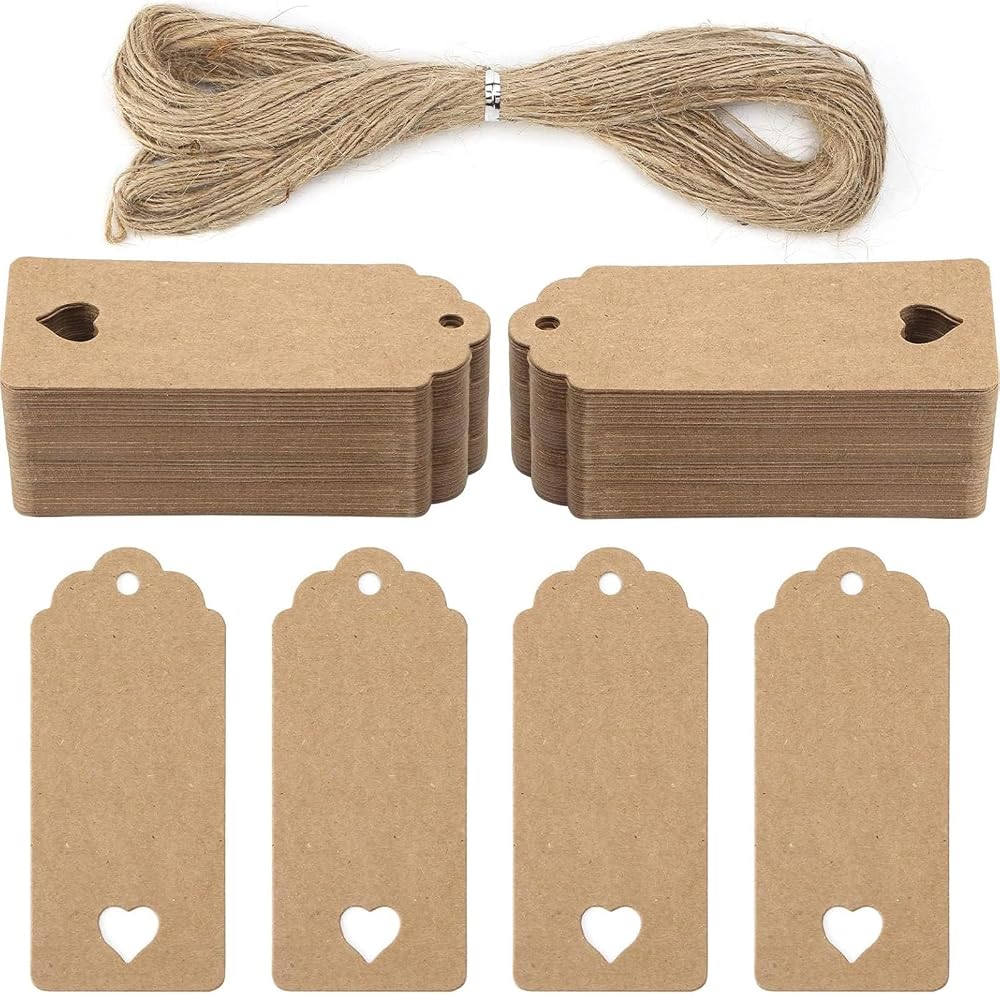 Koogel Brown Kraft Gift Tags 120 Pcs with Jute String 9x4 cm Heart Cut-Out