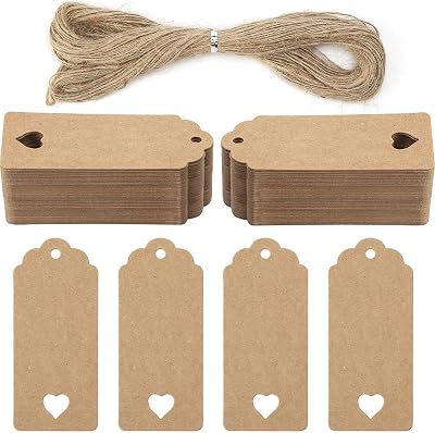 Koogel Brown Kraft Gift Tags 120 Pcs with Jute String 9x4 cm Heart Cut-Out
