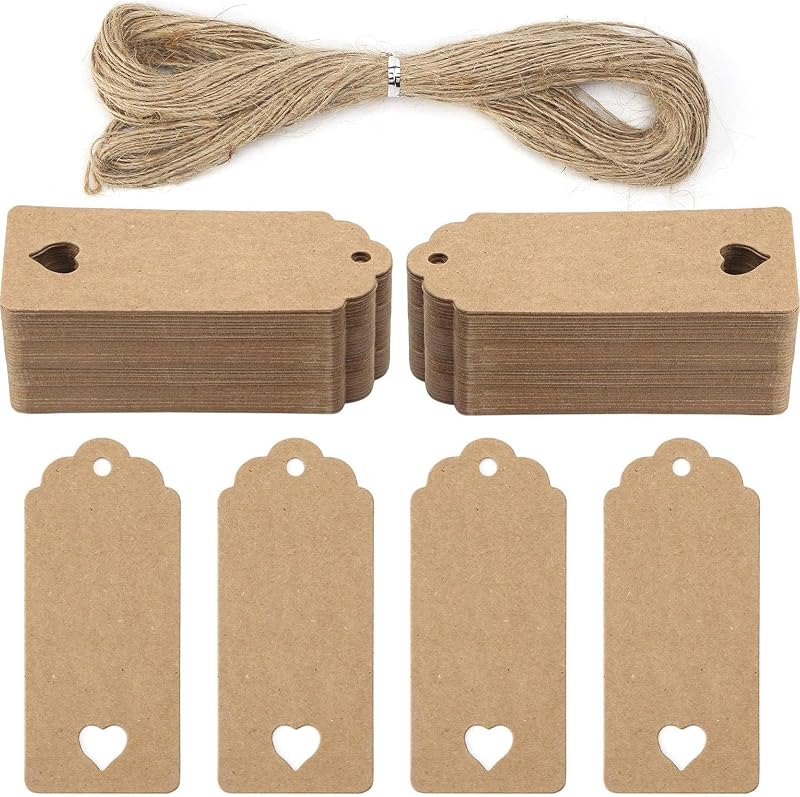 Koogel Brown Kraft Gift Tags 120 Pcs with Jute String 9x4 cm Heart Cut-Out