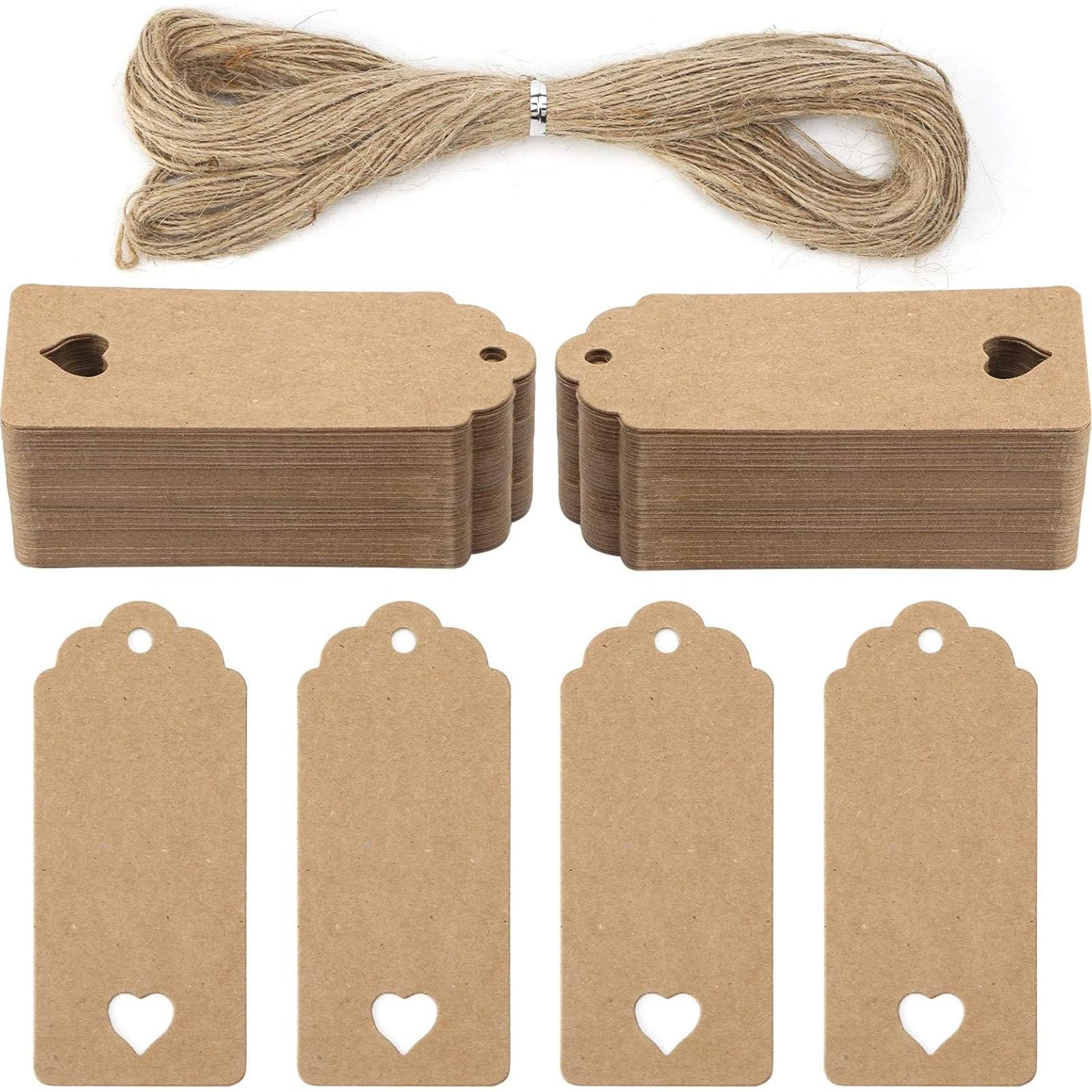 Koogel Brown Kraft Gift Tags 120 PCS with Jute String, Heart Cut-Out Blank Labels 9x4 cm for Wedding, Birthday, DIY Crafts, Retail Price Tags, Shop Decor