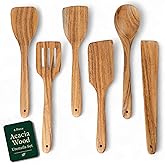 Mie Creations Acacia Wood Spatulas for Cooking, 6 Pcs Wooden Kitchen Cooking Utensils for Nonstick Pans & Cookware, Set of 6 Turner, Slotted Spatula, Spoon, Scrapper, Sturdy Smooth Heat Resistant